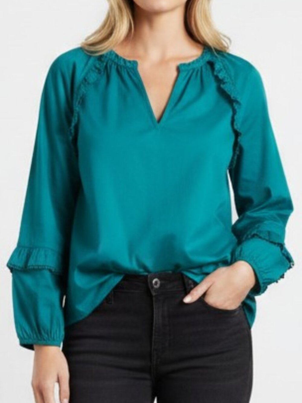 NWT J.Crew Women's S Green Teal Ruffle Sleeve Blouse V Neck 100% Cotton